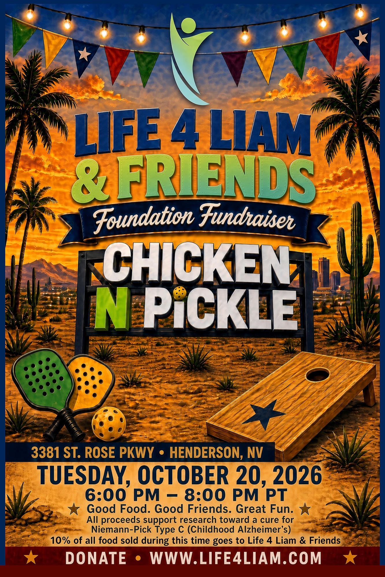 Flyer for the Life 4 Liam Chicken N Pickle fundraiser on Tuesday, October 20, 2026
