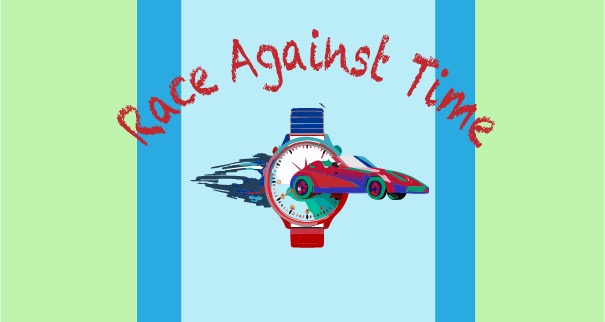 Race Against Time logo, a race car crossing a watch